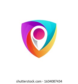 Shield Pin Combination Logo Concept, Shielding Logo Template, Safety Place, Pointer Mobile App Icon, Safe Location Vector