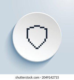 shield pixel art icon design. Button style circle shape isolated on white background. Vector illustration