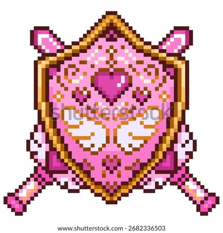 Shield pixel art of the Sailor Moon or other anime vector with pink color as a charm or ornament. iconic elements like the winged heart and the pink and gold color scheme for sticker, icon, element.