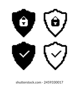 Shield pixel icon. Set of black and white shield icons. 8 bit shield sign. Arcade game symbol.