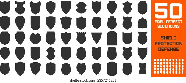 Shield Pixel Perfect Icon Silhouette vector set. Shield shape, security label pictogram. 50 medieval badge isolated on white. Protect coat of arms sign, safety simple sticker. Flat style safeguard kit