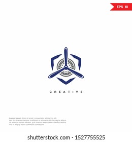 Shield Plane with Propeller Logo icon monogram design. Vector graphic design template element.