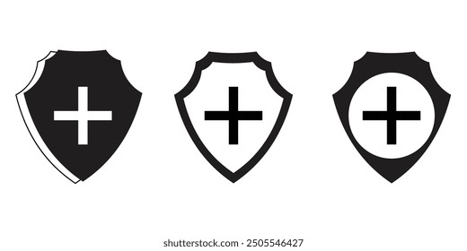 Shield with a plus icon set with black stoke eps 10.