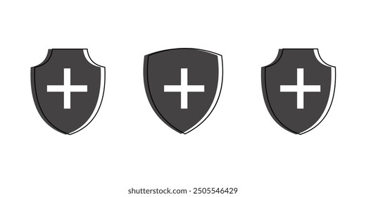 Shield with a plus icon set with black stoke eps 10.