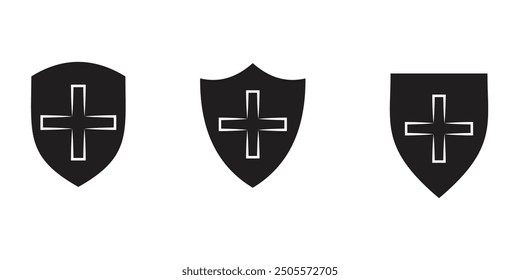 Shield with a plus icon set. Medical Protection symbol 