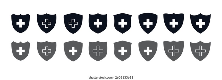 Shield with a plus icon set. Medical Protection symbol vector illustration