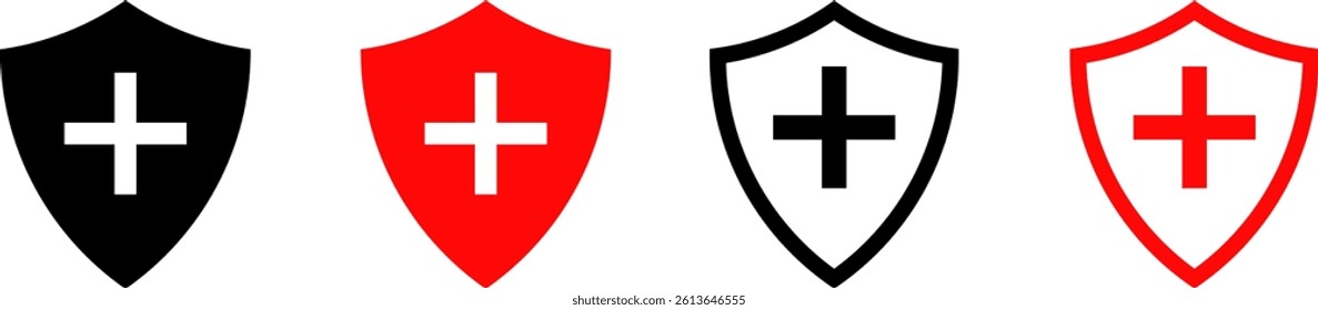 Shield plus icon set. Medical Protection symbol. Healthcare medicine protected guard shield concept
