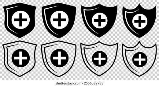 Shield with a plus icon set. Security Shield vector Line icon set. Medical Protection symbol vector illustration. 