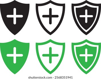 Shield plus mark icon set. Protect shield security symbol. Different style shields plus mark icons. Safety or protection sign