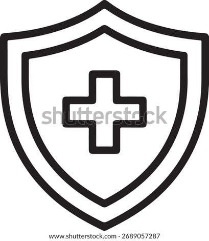 A shield with a plus sign inside symbolizes health protection security and medical care safety.