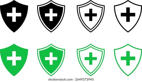  shield with plus sign set. safety health shield. Protect security symbol. Health protection. Medicine symbol

