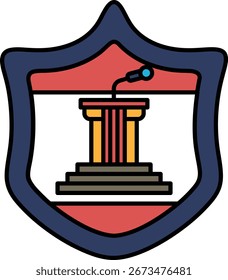 Ein Schild mit einem Podium darauf. Das Podium ist ein Mikrofon. Das Schild ist blau und rot