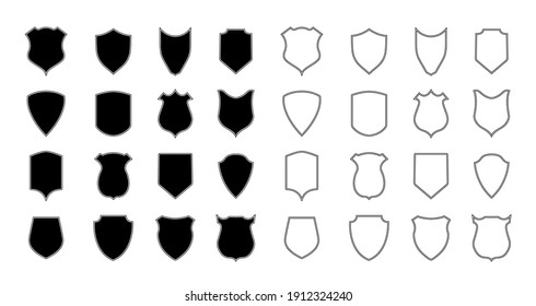 Shield Police. Police Badge And Crest. Outline Shape Of Shield For Coat. Logo For Arms, Security, Soccer And Army. Emblem Of Football Club. Icon With Silhouette For Heraldic Military Label. Vector.