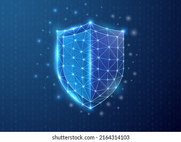 Shield polygonal symbol with binary code background. Antivirus concept design vector illustration. Cyber security low poly symbol with connected dots