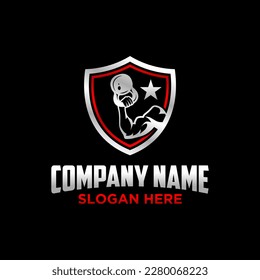Shield power care hand muscular lifting dumbbell fitness gym logo design template vector