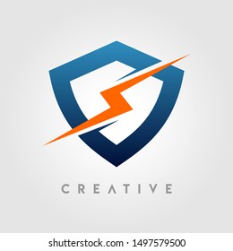 shield and power logo design template. dark blue and orange gradient Color digital creative sign. Universal vector icon. Digital Concepts and shield, security icons.