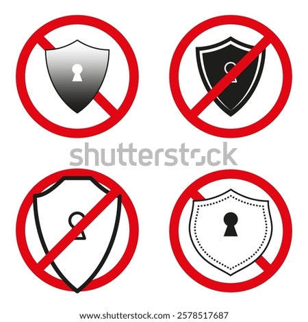 Shield prohibition icons. Keyhole warning signs. Red circle symbols. Security vector elements.