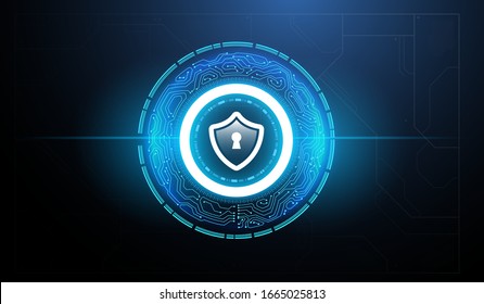 Shield protect icon. HUD circles and Shield Icon of Cyber Security, Digital Data Network Protection. Abstract virtual graphic touch user interface.