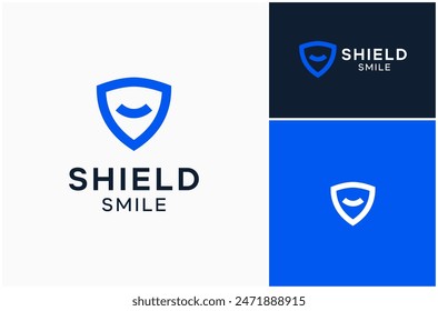 Shield Protect Security Armor Safety Privacy Smile Happy Happiness Vector Logo Design Illustration