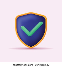 Shield protected icon with check simple 3d illustration on pastel abstract background. minimal concept. 3d rendering
