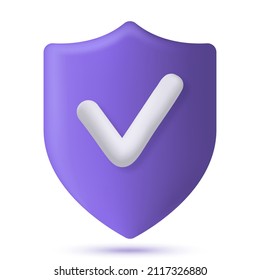 Shield protected symbol with check mark icon. 3d rendering