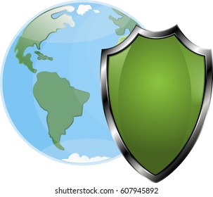 Shield protecting the globe, vector, white background,