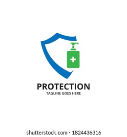 Shield protecting Logo Design Template. Illustration vector graphic of shield and hand sanitizer logo design concept. protective antivirus shield to coronavirus, COVID-19, 2019-nCoV infection. 