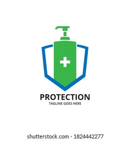 Shield protecting Logo Design Template. Illustration vector graphic of shield and hand sanitizer logo design concept. protective antivirus shield to coronavirus, COVID-19, 2019-nCoV infection. 