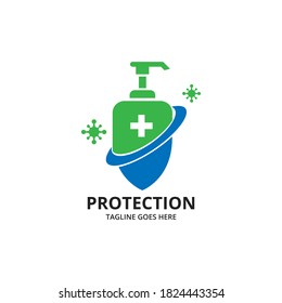 Shield protecting Logo Design Template. Illustration vector graphic of shield and hand sanitizer logo design concept. protective antivirus shield to coronavirus, COVID-19, 2019-nCoV infection. 