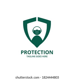 Shield protecting Logo Design Template. Illustration vector graphic of shield and face mask logo design concept. protective antivirus shield to coronavirus, COVID-19, 2019-nCoV infection. 