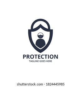 Shield protecting Logo Design Template. Illustration vector graphic of shield and face mask logo design concept. protective antivirus shield to coronavirus, COVID-19, 2019-nCoV infection. 