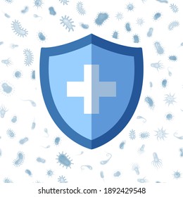 Shield protecting from virus and germ. Medical protective symbol, health care badge on bacteria background. Antibacterial and antivirus guard decorative logo with cross sign vector flat cartoon poster