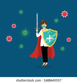 Shield protecting virus icons. Flat style vector illustration