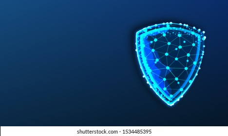 shield protection. Abstract Low Poly Wireframe Mesh Design. Isolated On Dark Blue Background