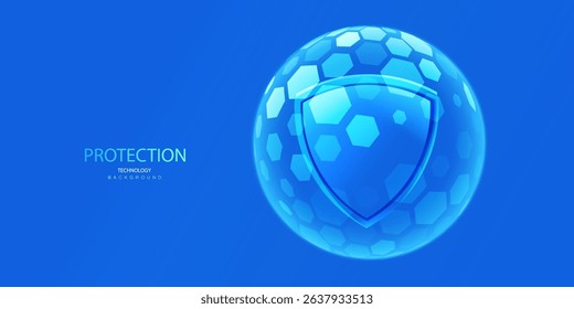 Shield protection background. Dome barrier technology vector. Cyber protect hexagon shield futuristic design. Ai sphere glass ball protect concept.