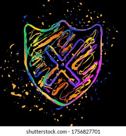 Schutzschild gebrochen. einfaches Symbol. Farbige Tinte mit Splätzen auf schwarzem Hintergrund
