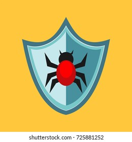 Shield protection with bug. Cyber attack protection concept. Antivirus.