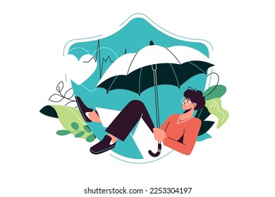 Shield protection with character holding umbrella, insurance concept vector illustration.