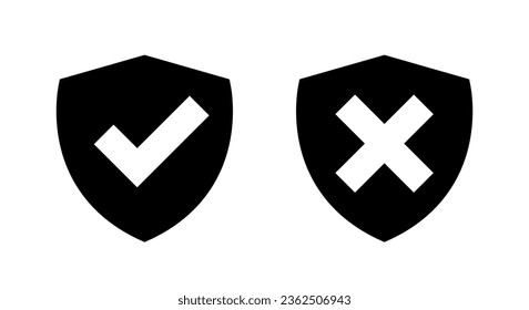 Shield protection with checkmark and cross icon vector. Accept and decline sign symbol
