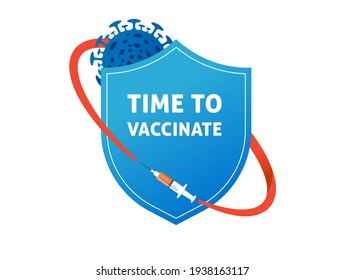  Shield, Protection From Coronavirus, Vaccination Concept Design. Banner Design - Syringe With Vaccine For COVID-19, Flu Or Influenza And A Family