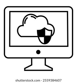 Shield protection encryption firewall on cloud computing monitoring system icon vector design symbol illustration, for data storage.