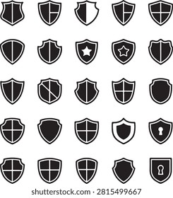 Shield protection icon collection isolated on white background featuring security defense privacy safety badge and cybersecurity symbols