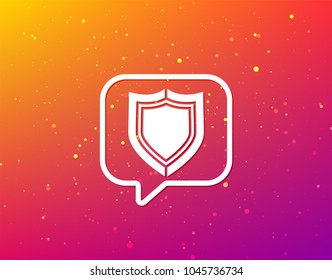 Shield protection icon. Defense equipment symbol. Soft color gradient background. Speech bubble with flat icon. Vector