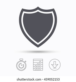 Shield protection icon. Defense equipment symbol. Stopwatch, chart graph and download arrow. Linear icons on white background. Vector