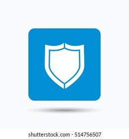 Shield protection icon. Defense equipment symbol. Blue square button with flat web icon. Vector