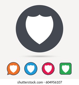 Shield protection icon. Defense equipment symbol. Circle, speech bubble and star buttons. Flat web icons. Vector