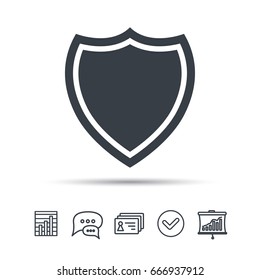 Shield protection icon. Defense equipment symbol. Chat speech bubble, chart and presentation signs. Contacts and tick web icons. Vector