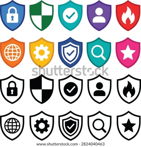Shield Protection Icon Set Collection, Flat Vector Security Badges with Cybersecurity, User, Search, Gear and Fire Symbols