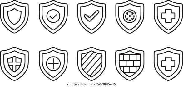 Shield and protection icon set, includes security shield, antivirus, firewall, checkmark, data safety, armor, cross symbol, minimal black line editable icons