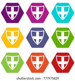Shield for protection icon set many color hexahedron isolated on white vector illustration